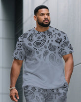 Men's Plus Size Gray Blue Gradient Paisley Pattern Round Neck Short Sleeve T-shirt Shorts Suit